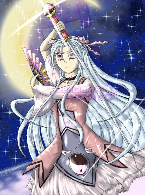 Princess Sakura, holding the Chizakura/Cherry Blossom Katana in a defensive position with a fan held in the other hand, with a cresent moon behind her in the dark starry sky.