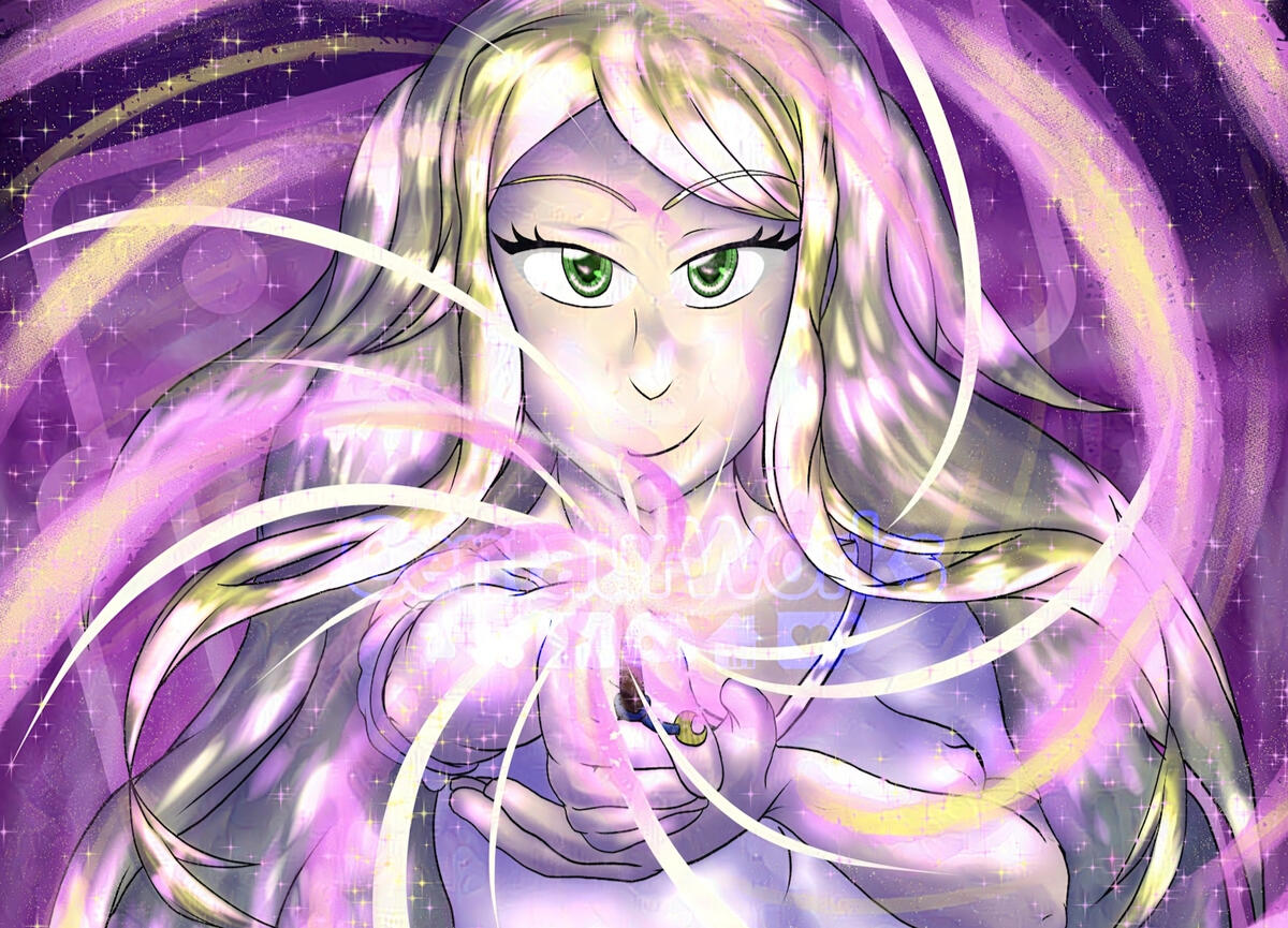 Spell Swirl Barrage Sakura (my Original Character) is firing magic through her wand with determination. Her Blonde Hair flowing and her green eyes sparkling with pink magic.