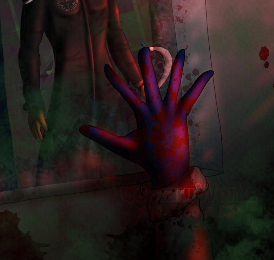 A man in a wide hat, a plauge doctor mask, and a black lethear trenchcoat is stalking the halls as lights are off and warning lights are glaring. A green smoke fills the halls. Closer to the camera is a bloodied scientist's hand reaching up for help and tr